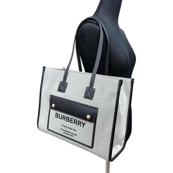 Burberry Freya Tote Logo Print Handbag Canvas Leather Grey Black - Picture 9 of 10